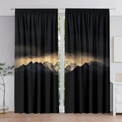 아르데코 암막 커튼 2개, 산과 번개 프린트, 로드 포켓 피치 스킨 벨벳 커튼, 세탁기 사용 가능, 색바램 방지