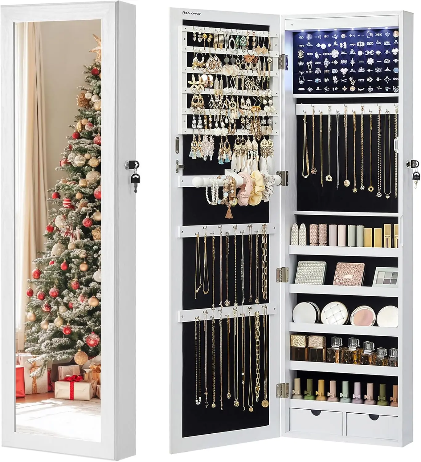 

47.2-Inch Tall Lockable Jewelry Armoire with Mirror, LED Lights, and Drawers for Wall or Door Mounting
