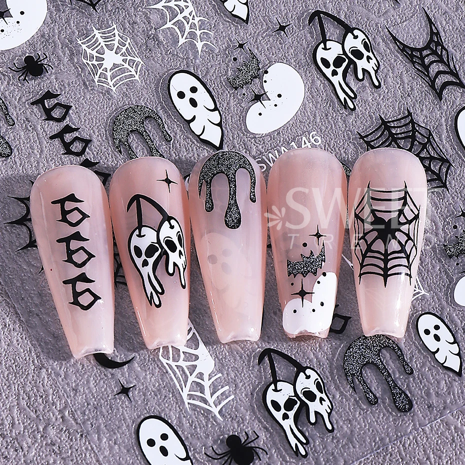 Autocollants adhésifs en toile d'araignée pour Halloween, 2 pièces, paillettes holographiques, chauve-souris fantôme étoile, accessoires de manucure à faire soi-même