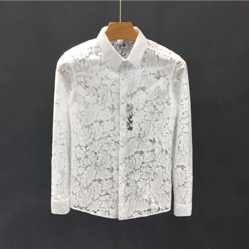 

Новая модная мужская рубашка с кружевом, приталенная, в корейском стиле, весенняя, разноцветная, универсальная, уникальная, стильная, элегантная, для парикмахеров