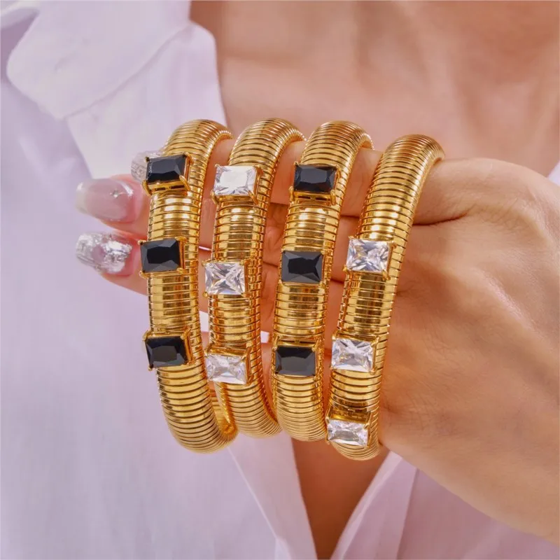 Rock Hip Hop Punk Style Gold Color Stainless Steel Bracelet Bnagles For Women Soft Micro Stretch Women's Chunky Bracelets Bangle