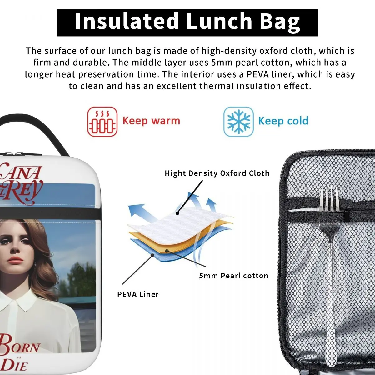 Born To Music-Sac à lunch isotherme Lana Del Rey, récipient alimentaire, glacière portable, boîte à bento thermique pour pique-nique