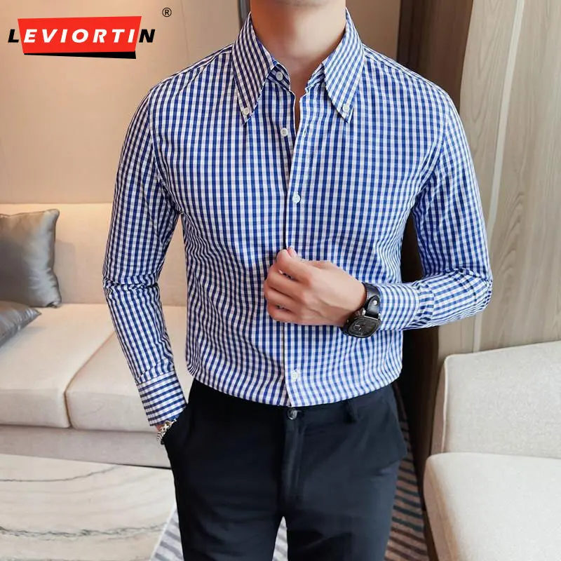 

2023 Spring Men's New Light Mature Casual Checkered Long sleeved Shirt Slim Fit Versatile Polo Neck Shirt Street Clothing S-4XL
