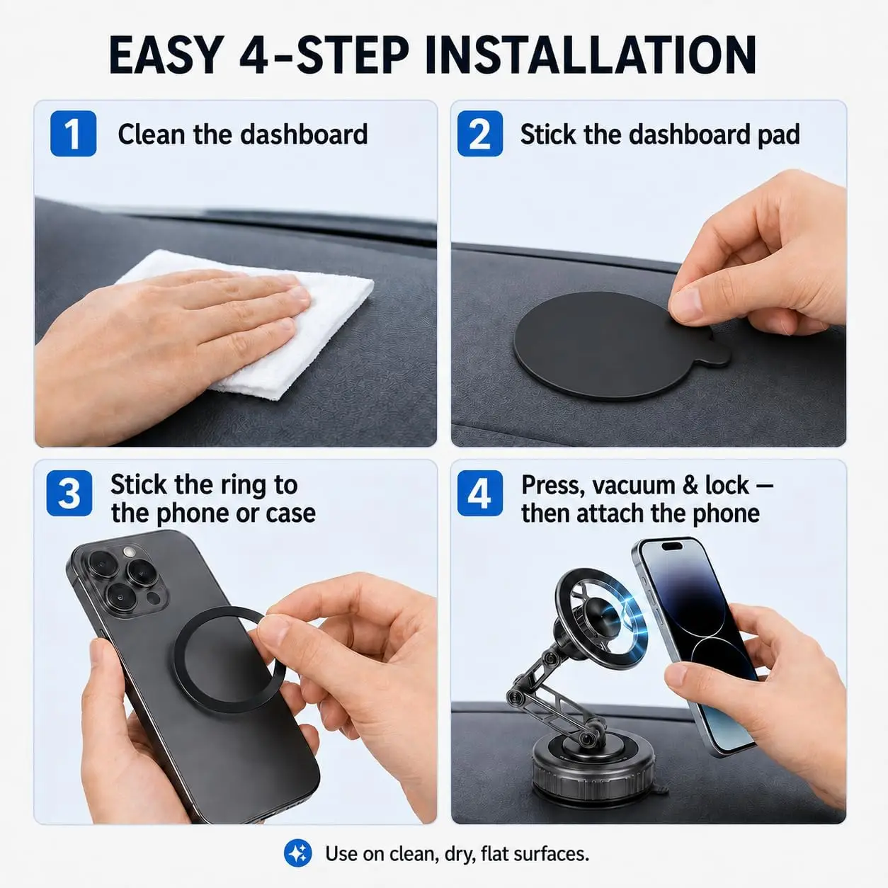 Vakuum- und Magnet-Autotelefonhalterung – 3-Achsen-faltbar 360° ° Armhalterung für Armaturenbrett GPS/Navigation, Universeller Smartphone-Halter – Detail 5