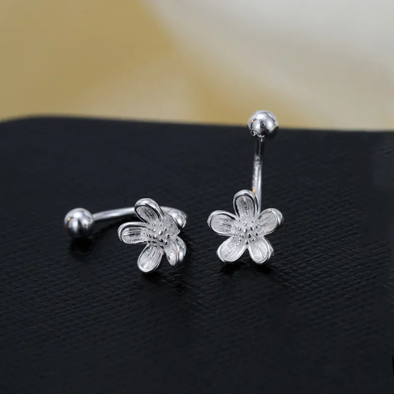 

Real 925 Sterling Silver Flower Screw Bead Stud Earrings for Women Classic Fine Jewelry Light Luxury Minimalist Accessories