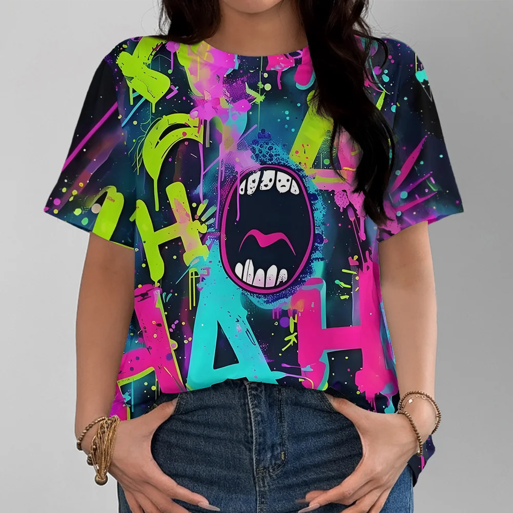 เสื้อยืดผู้หญิงลายกราฟฟิตี้นีออนลายปากการ์ตูน - สไตล์หนาแฟชั่นลำลองสบายแขนสั้นคลาสสิก Y2K สตรีทแวร์
