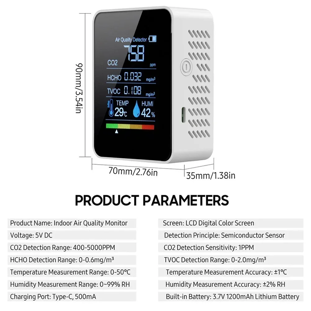 Air Quality Monitor 5 In 1 Indoor CO 2 Detector Formaldehyde HCHO TVOC CO 2 Meter Tester LCD Temperature Humidity Alarm Tools