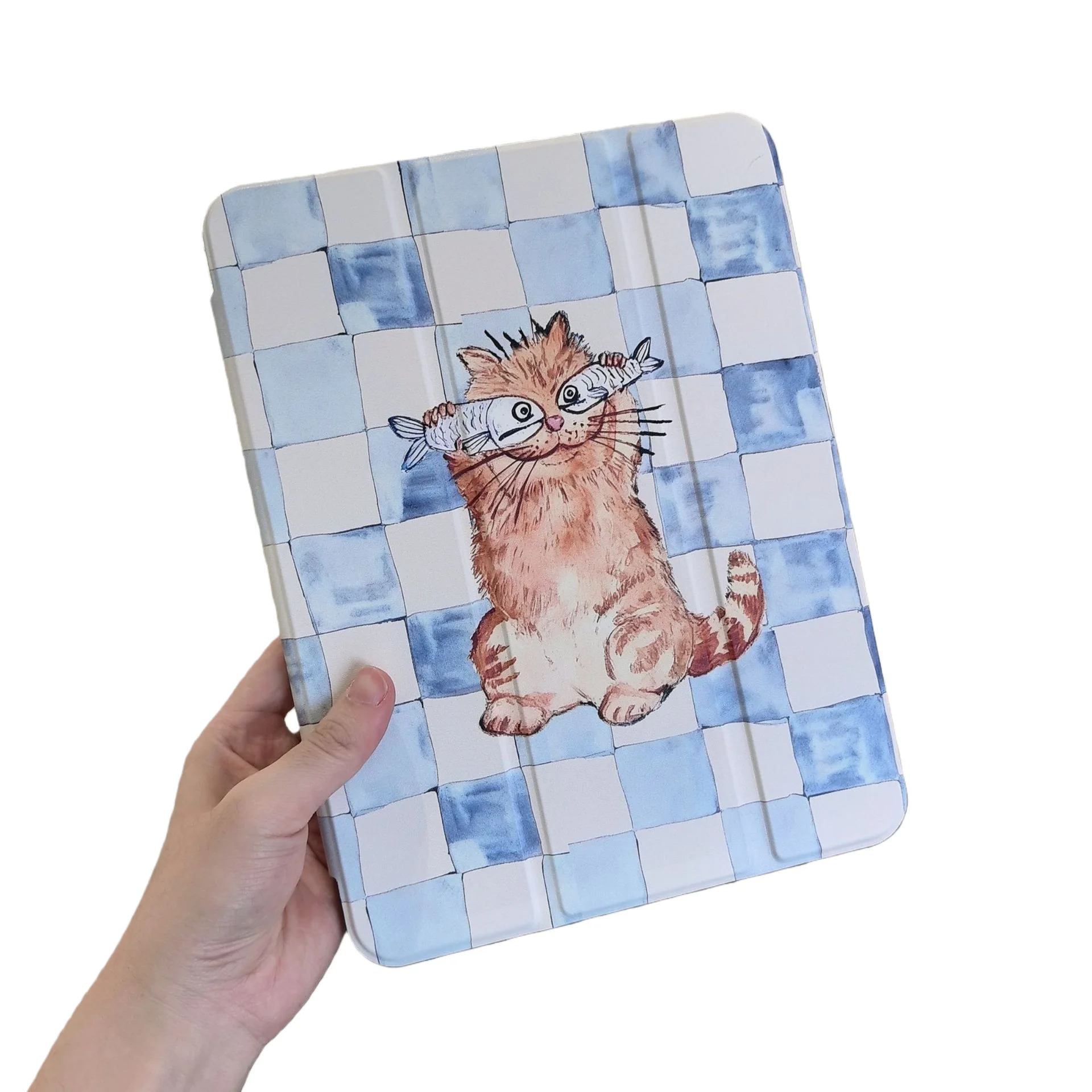 

Cartoon Cat Plaid Pen Slot Tablet Case For iPad Mini6 7 Pro2025 2024 2022 2021 2020 2019 2018 2017 11 10th Air 2 3 4 5 6 7 Cover