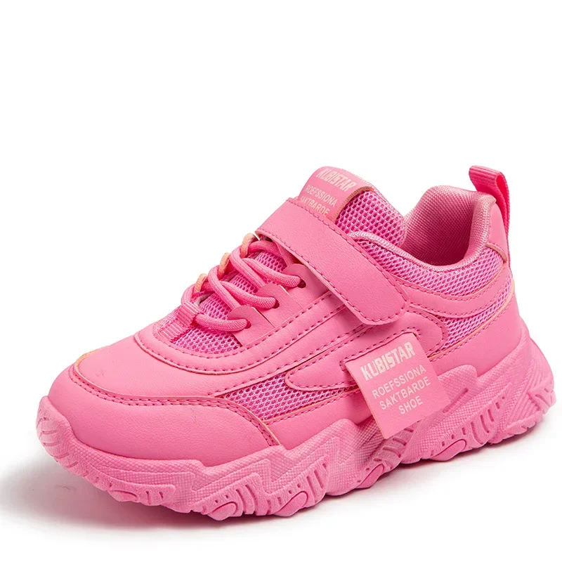 Tênis esportivos de couro PU para crianças, sapatos antiderrapantes para meninos e meninas, calçado casual, luz rosa sólida, gancho e laço branco,