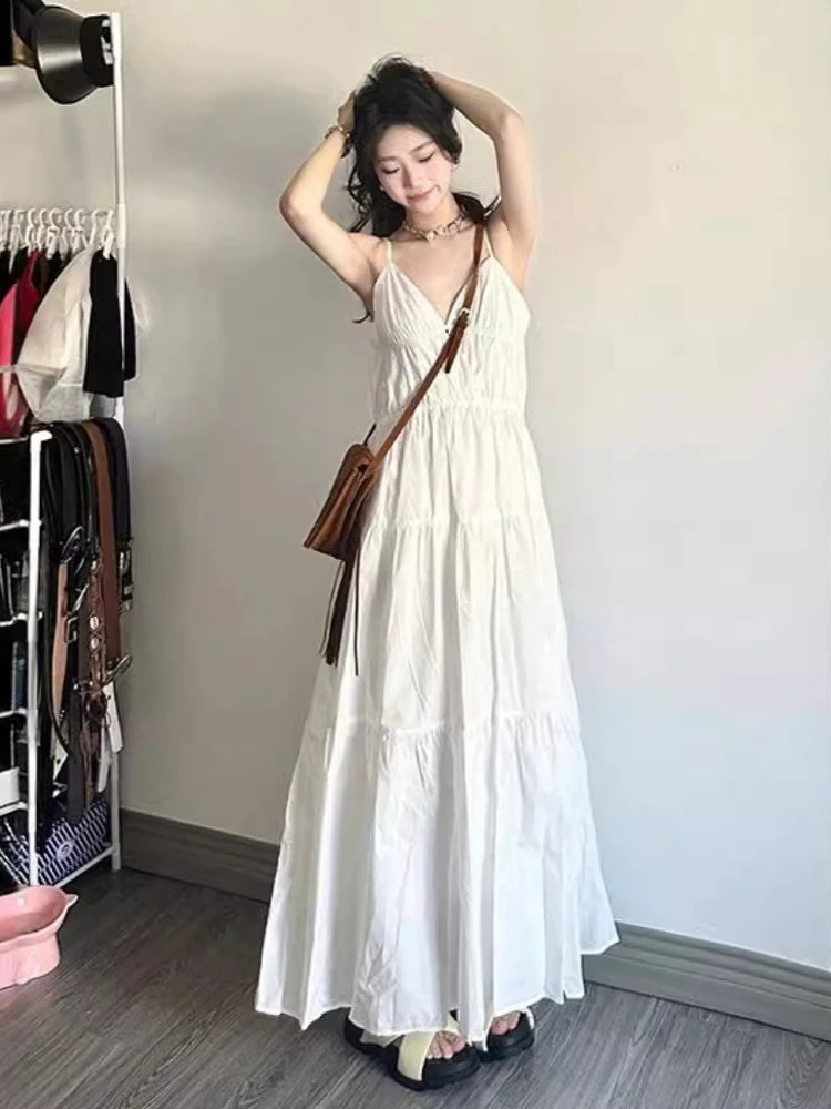 딥 브이 넥 화이트 한국 스타일 드레스 우아한 슬림 맞는 여름 드레스 독점 스파게티 스트랩 비치 맥시 휴가 여성 드레스