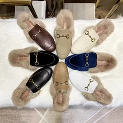 Autumn and Winter New Outwear Baotou Fur Slippers for Women's Genuine Leather Rabbit Hair Lazy Man Flat Bottom Half Trailer