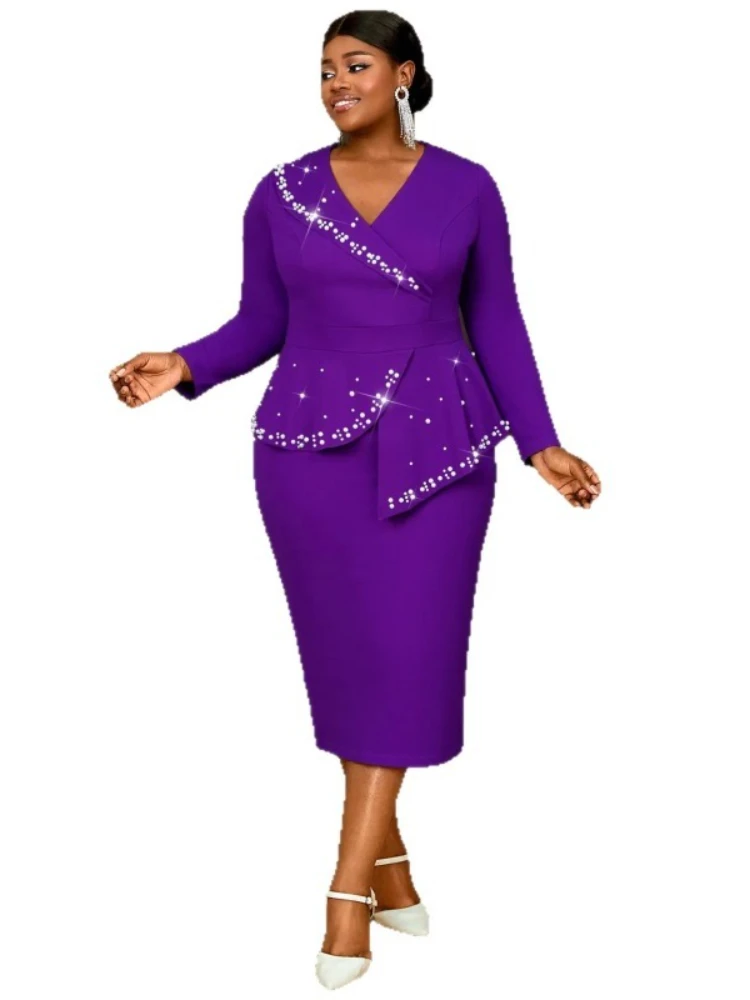

Purple Plus Size African Dresses for Women L-4XL Autumn Elegant African Long Sleeve V-neck Party Evening Bodycon Midi Dresses