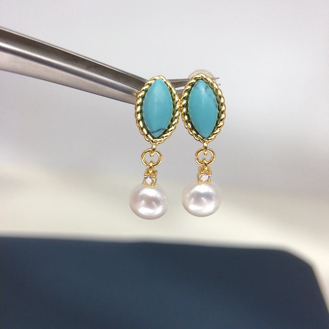

ZHBORUINI New Model Freshwater Pearl Earrings Turquoise Stone Premium Jewelry Elegant 7-8mm Bread Beads Retro Gift For Woman