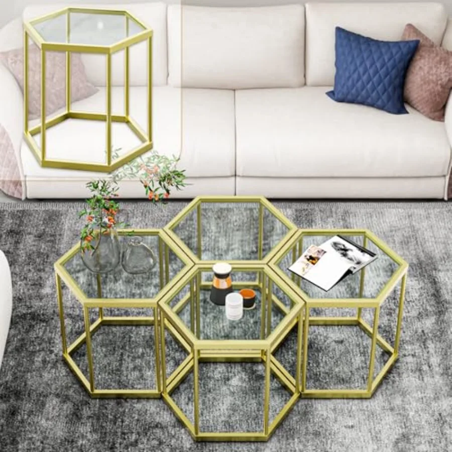 

Gold Coffee Table Glass Modern Coffee Table Hexagon Free Combination Glass Center Table Small End Tables with Metal Frame for L