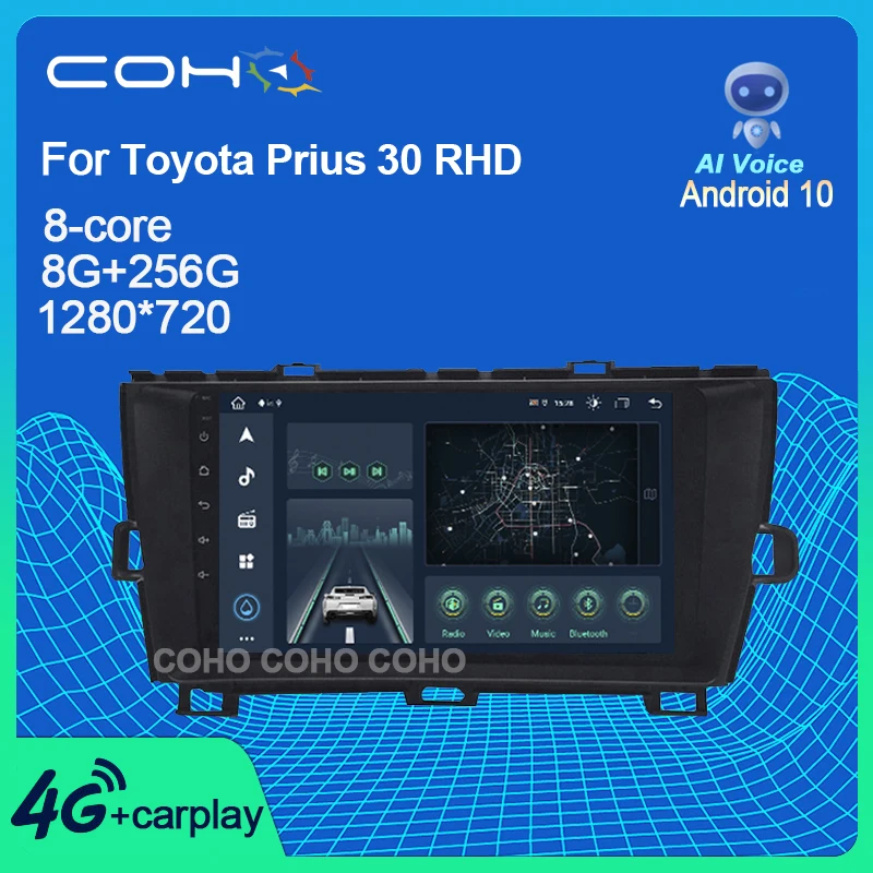 8G+256G COHO For Toyota Prius 30 RHD Radio Coche Car Navigation Player Stereo Receiver Android 10.0 8-core QLED Screen 1280*720