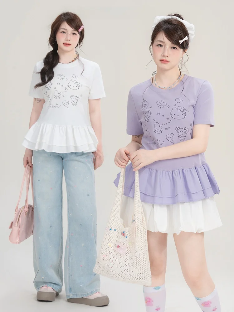 

Новая женская футболка больших размеров с круглым вырезом, кружевом и коротким рукавом, летняя, из смесового хлопка, для полных девушек