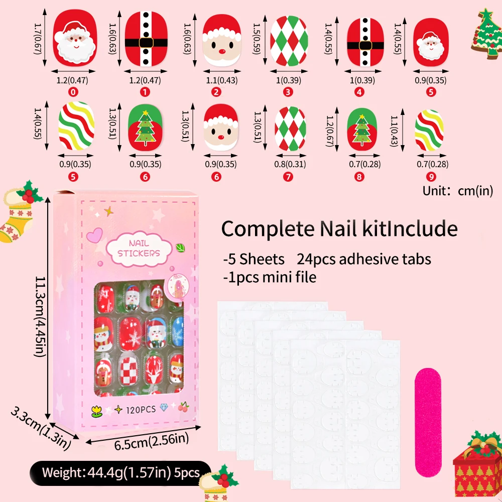 120 قطعة/صندوق عيد الميلاد الاطفال الفتيات قصيرة الأظافر كاذبة لطيف سانتا كلوز ندفة الثلج عصا على الأظافر غطاء كامل عيد الميلاد الكرتون الأظافر كاذبة #5