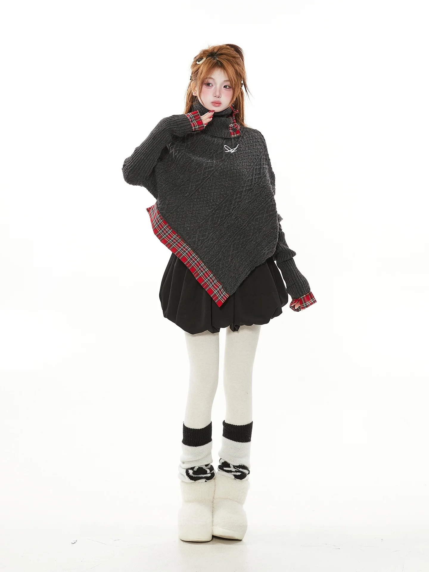 

Женский вязаный кардиган с высоким воротником, в клетку, с рукавами «летучая мышь», весна-осень