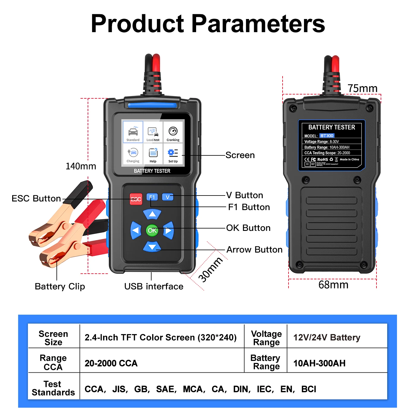 TopDiag BT300 Car Motorcycle Battery Tester Analyzer 12V 24V Vehicle Moto Charger Test Tool 20 to 2000 CCA Auto Cranking Test