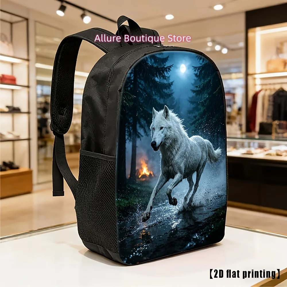 Unisex Casual Lightweight Backpack with Running White Wolf in Night Forest Print, Suitable for Daily School Travel And Outings f