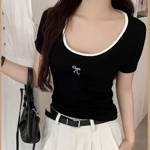 harajuku short sleeve Modal cotton black sexy T-Shirts Summer Color matching Women t shirt casual slim white Female y2k tops ins