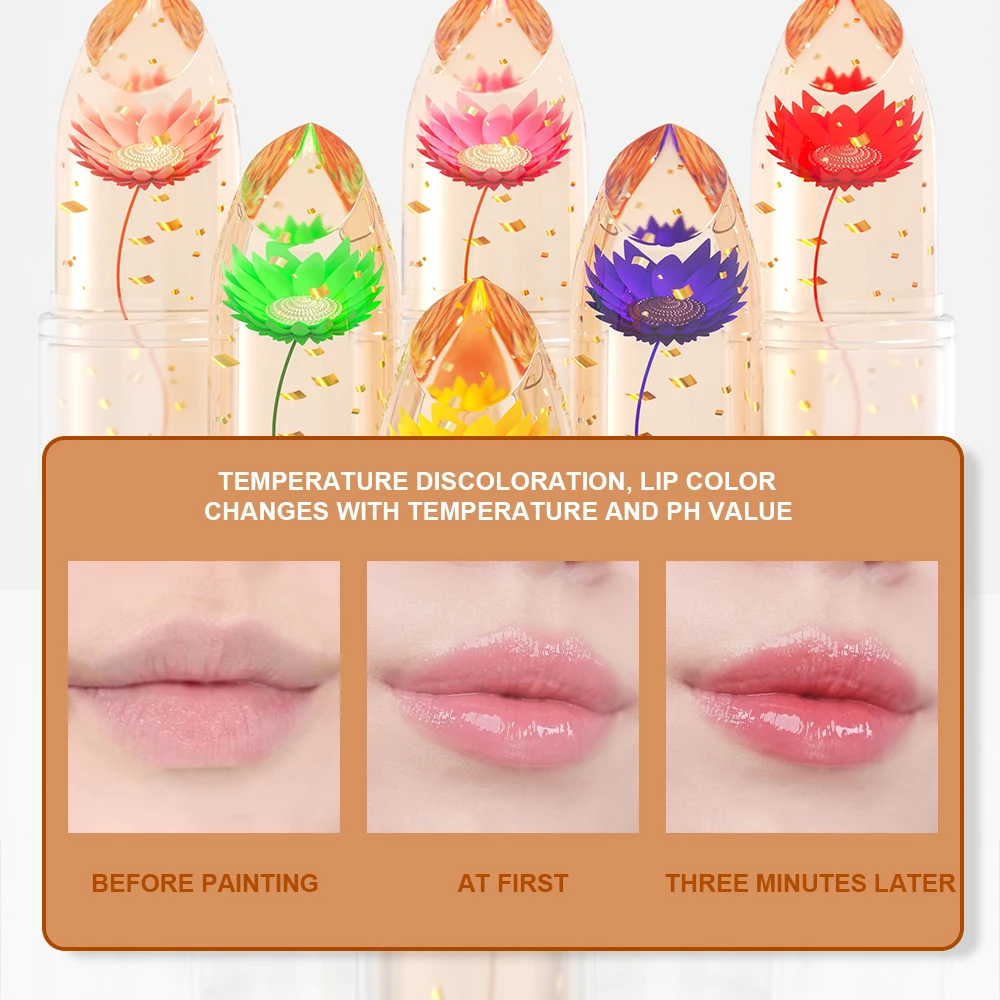 

DUNUF Beauty Dried Flower Gold Foil Jelly Lip Balm Temperature Change Lipstick Smooth Mirror Plump Sexy Moisturizing Glossy