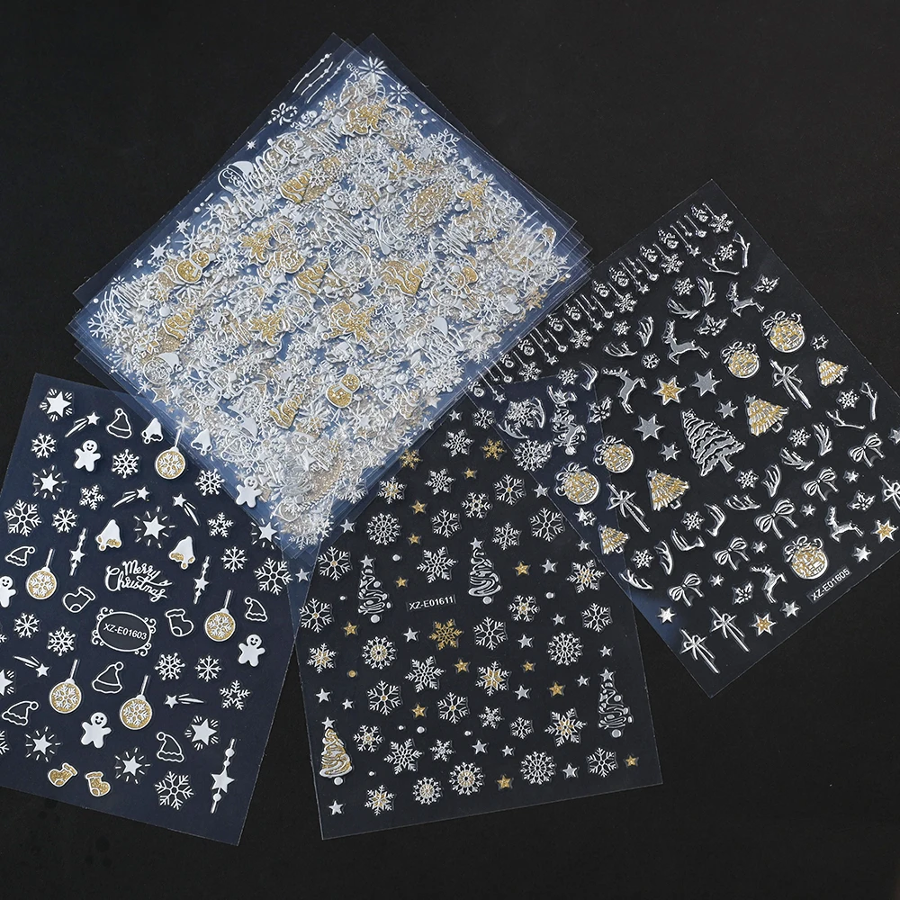 12pcs Multiple Different Style of Snowflake Nail Art Stickers Silver Snowflake with Gold Glitter Nail Decor Festive DIY Manicure