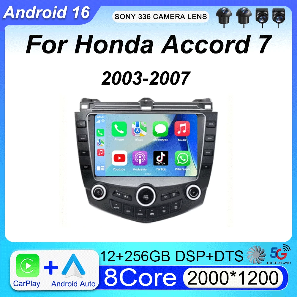 Radio para Auto Honda Accord 7 2003 - 2007, 2 DIN, Multimedia Android 16, Reproductor, 4G, WIFI, GPS, Carplay, Unidad Principal, Estéreo para Auto
