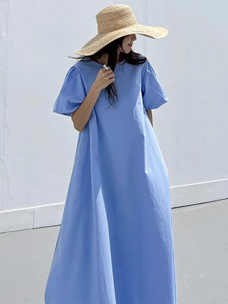 

SuperAen 2024 Korean Chic Summer Retro Holiday Style Round Neck Loose Casual Long A-line Bubble Sleeve Dress