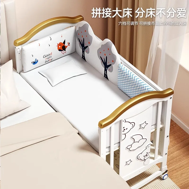 White Solid Wood Convertible Baby Crib, European Multi-Functional Cradle Bed for Newborn Infant with Wheels