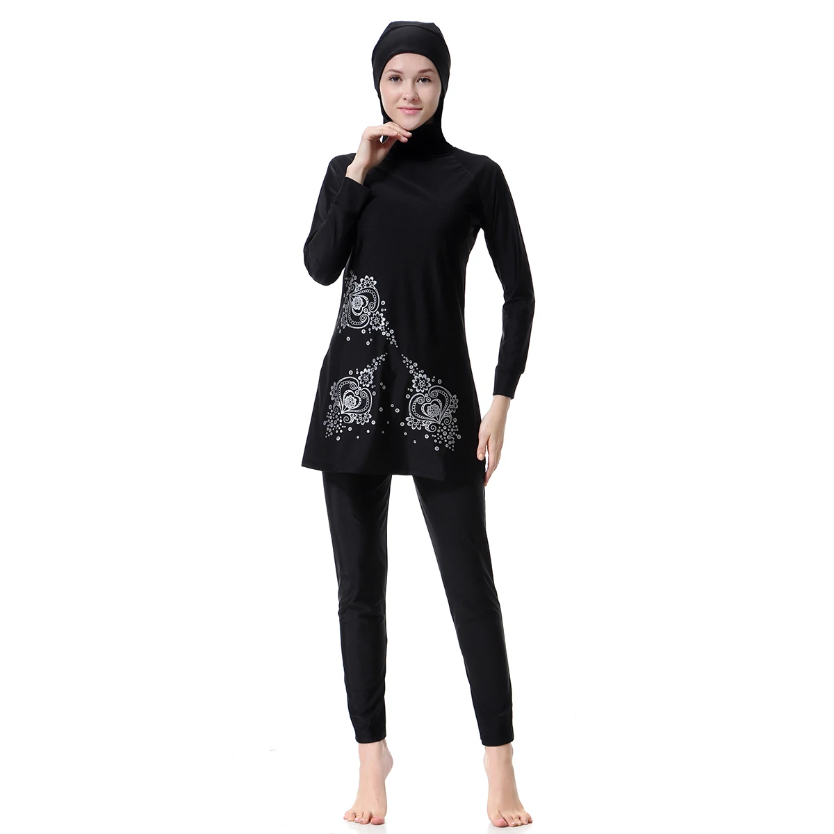 S-3XL Muslim Lady Patchwork Long Sleeves Hooded Printing Swimming Clothes Arab Women 2 PCS Full Cover Swimsuits