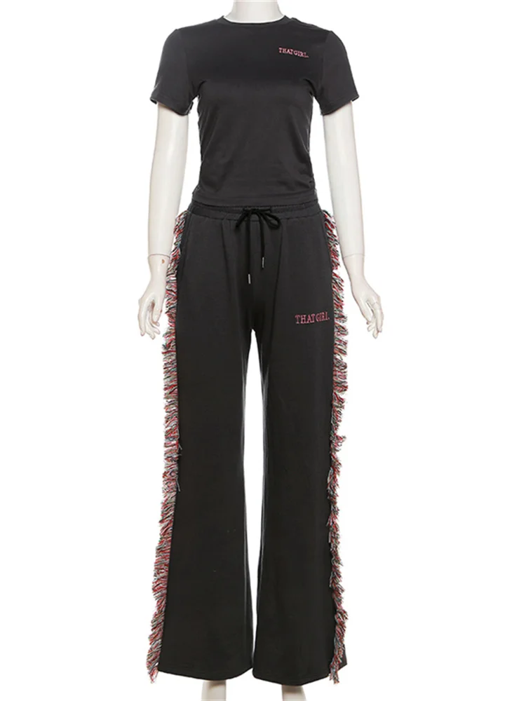 Whatiwear عادية بسيطة 2 قطعة مجموعة المرأة إلكتروني التطريز المحاصيل القمم + السراويل الملونة شرابة مطابقة الشارع الكلاسيكية رياضية