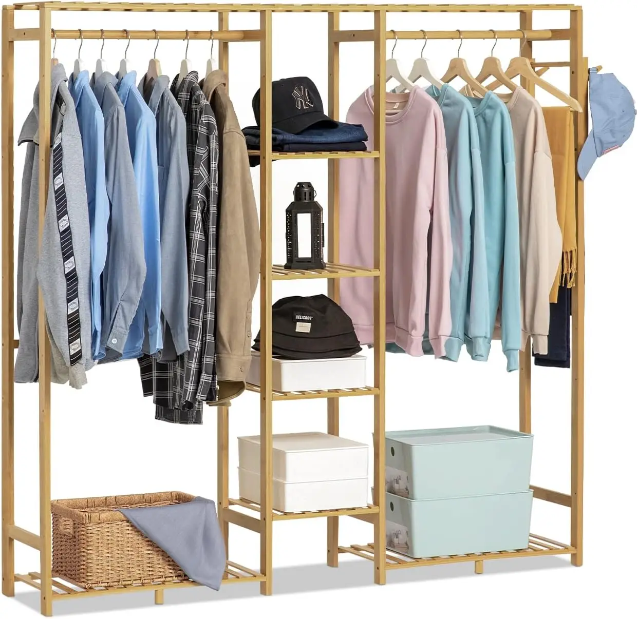 Bamboo Clothes Rack with Double Rods and Storage Shelves Free Standing Open Wardrobe Rack for Hanging Clothes and Storage for Be