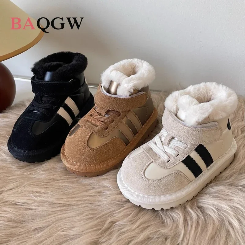 Autum Winter Children Snow Boots Boys New Striped Design Warm Plush Snow Boots Girls Patchwork Non-slip Infant Boots Size 15-30