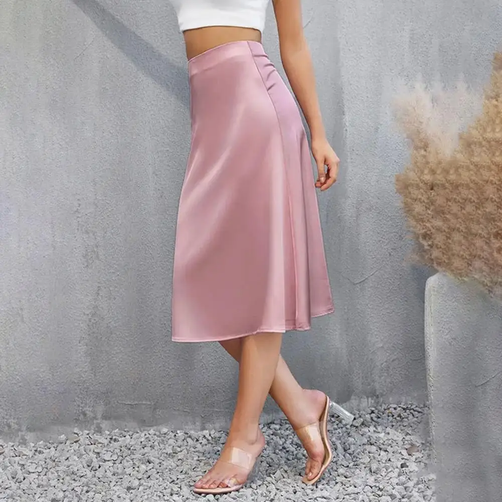 

Women Midi Skirt Mid-rise Solid Color Smooth Satin Skirt French Style Work Party Wedding Drape A-Line Commuting Skirt