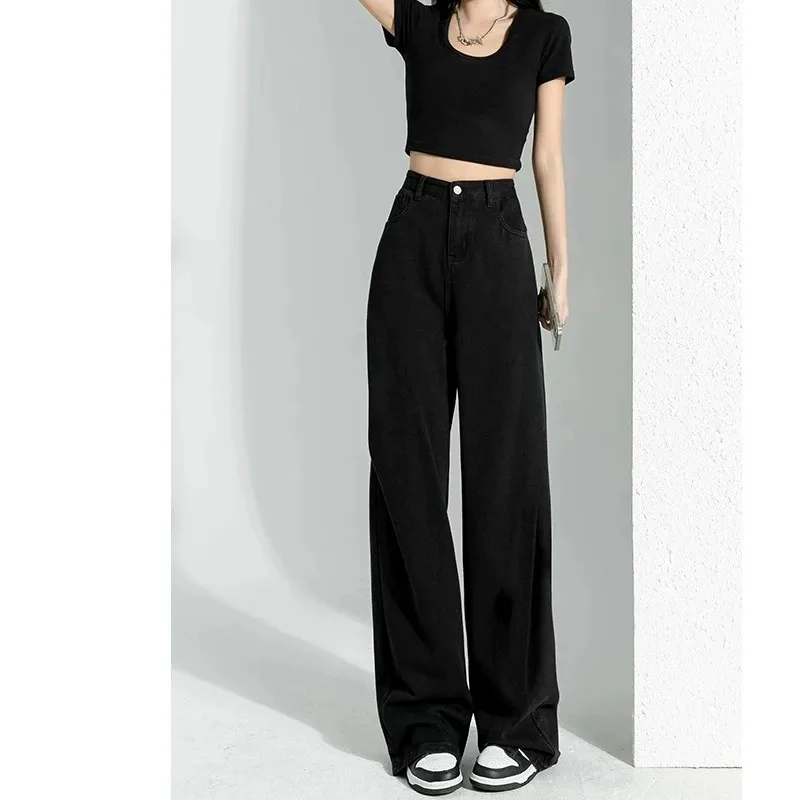 

Весна-лето 2024, новые черные широкие джинсы, женские прямые свободные тонкие брюки с высокой талией, узкая версия, брюки длиной до пола