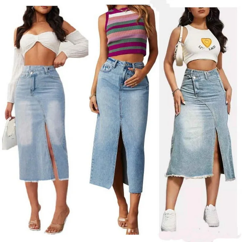 

High Waist Denim Skirts Woman Split Splicing Mid Length A-line Skirt