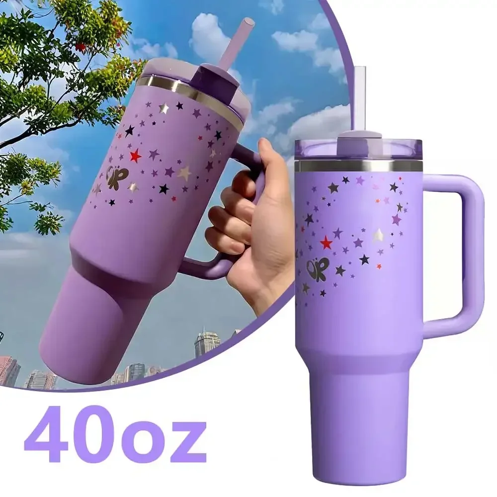 Miniso Purple Stars 40Oz Cup Tumbler Met Deksel Stro Rvs Vacuüm Cups Reis Auto Mok Grote Capaciteit Waterfles