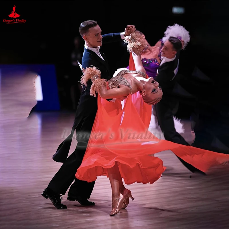 Weense wals oranje mouwloze grote swingjurken met V-hals voor volwassenen sociale dansvoorstellingen en wedstrijdkleding maatwerk