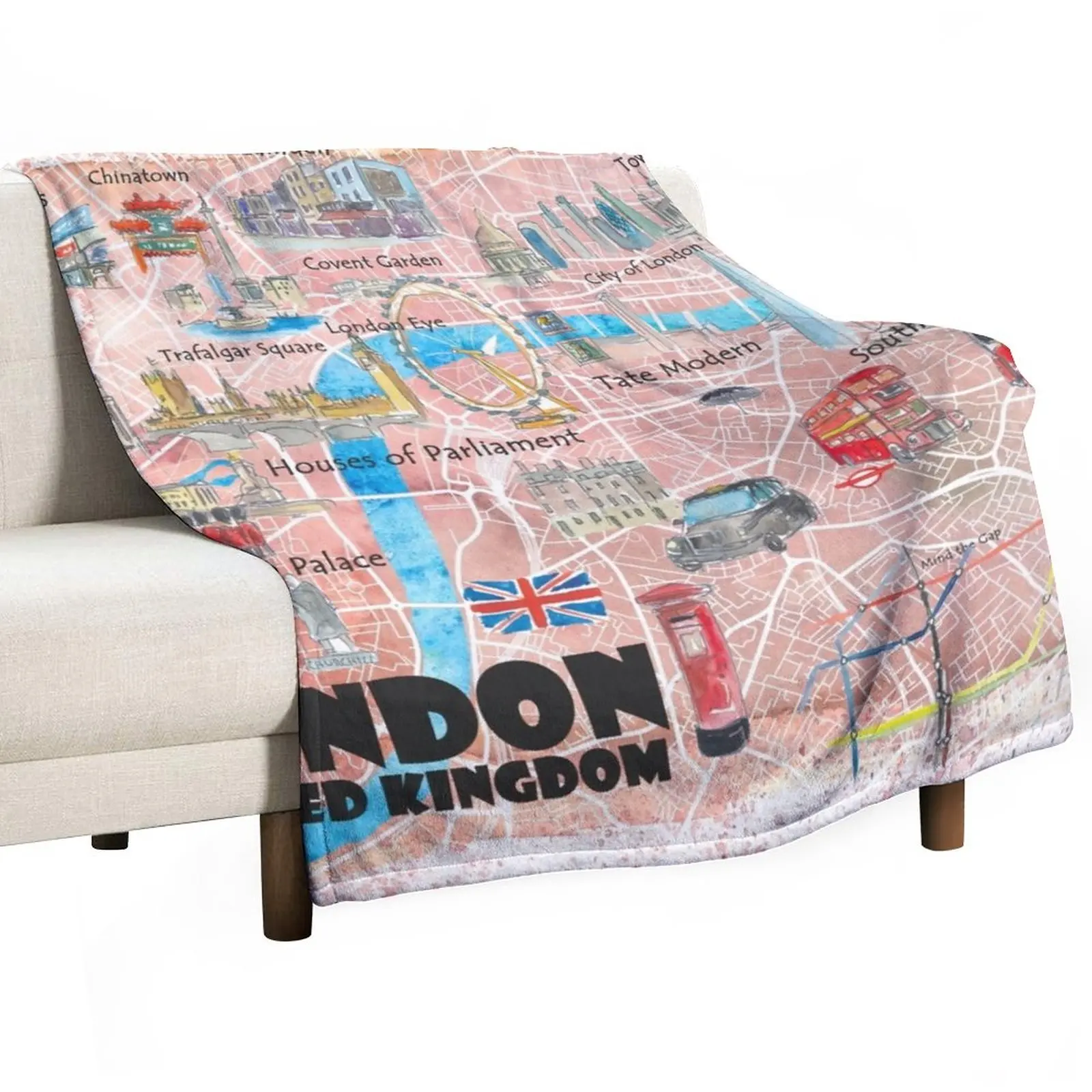 

London UK Illustrated Map with Main Roads, Landmarks & Highlights Throw Blanket Giant Sofa Blanket