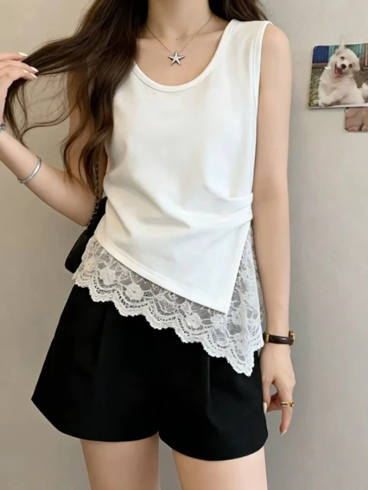 Lace Crop Top Women's Summer Sleeveless Vest Cotton 95% Elastic Fiber 5% Base Layer Innerwear Outerwear Casual Simple Style