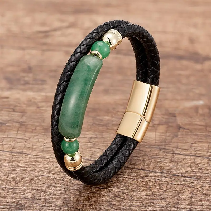 Trendy Crystal Stone Bracelet Braided Leather Cord Anti-rust Stainless Steel Chain Jewelry for Valentine's Day Gift