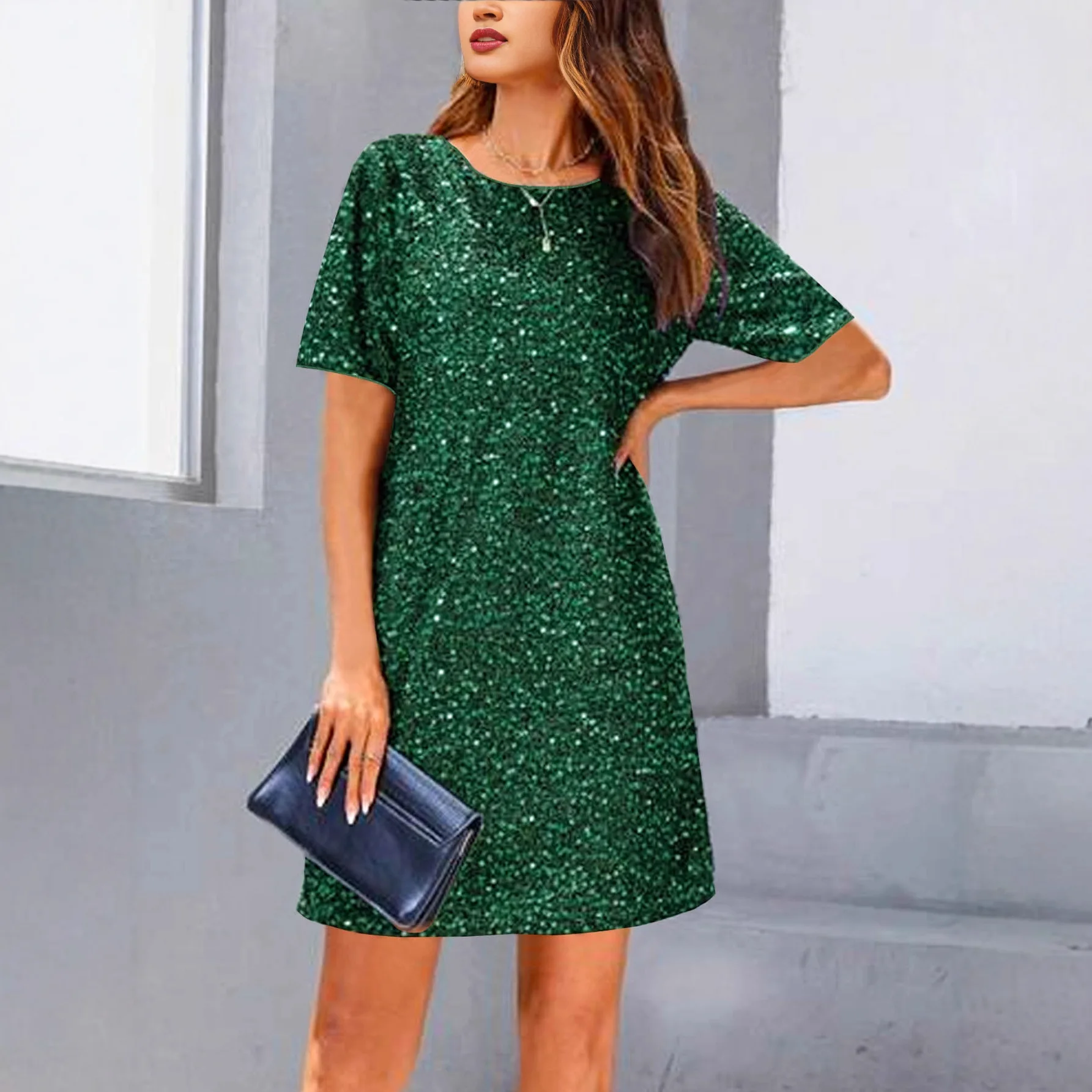 

Elegant round Neck Dress Cross-Border Women's Mid-Length Skirt Dress Ball Gown Dress Polyester Fabric Beaded Short Sleeve