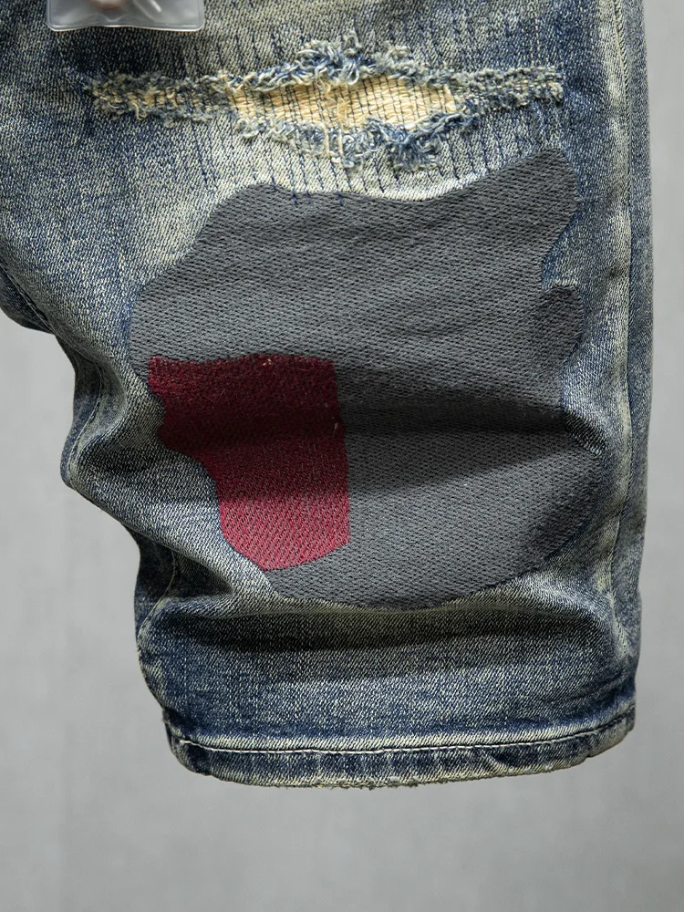 Summer Blue Ripped Denim Shorts Men Streetwear Casual Geometry Patches Slim Fit Short Jeans