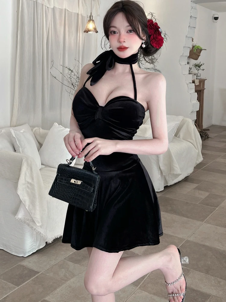 Feminino vermelho veludo chique pescoço-montado sexy mini vestido outono inverno elegante vestido babados 2025 coreano vintage bodycon vestido de noite