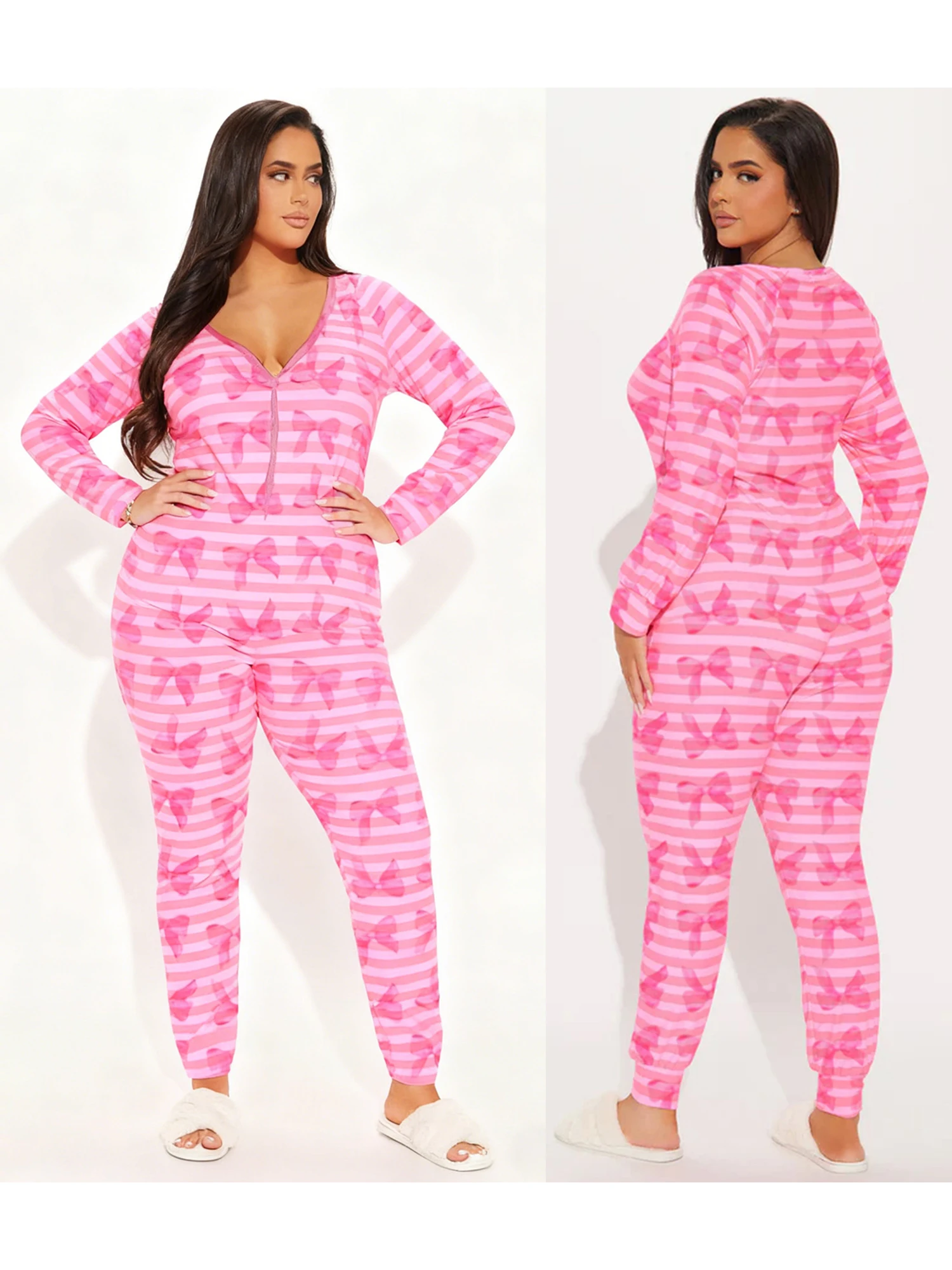 بذلة نسائية لعيد الحب أنيقة تناسب كاجوال مطبوعة على شكل قلب مخططة بأزرار لأعلى ورقبة على شكل حرف V وأكمام طويلة مع تفاصيل فيونكة