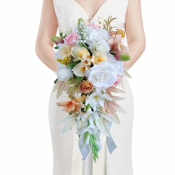 Yannew Handmade Cascading Wedding Bouquet for Bride Pink Artificial Silk Flower Waterdrop Bridal Bouquets Rustic Wedding Dedor