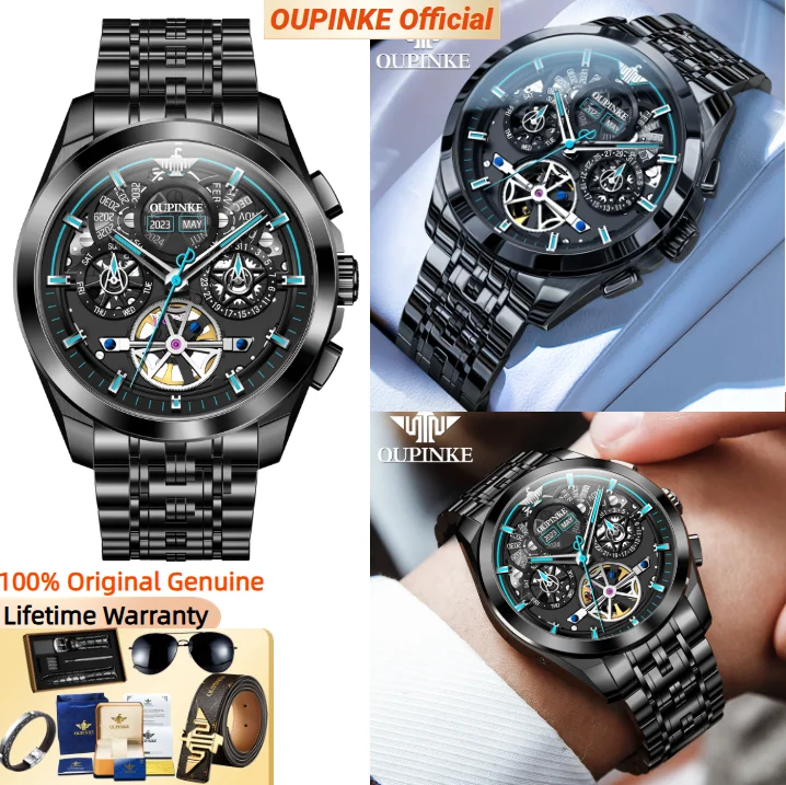OUPINKE High end Black steel Men's Watches Trendy Fashion automatic Mechanical Watches Waterproof Luminous 3235
