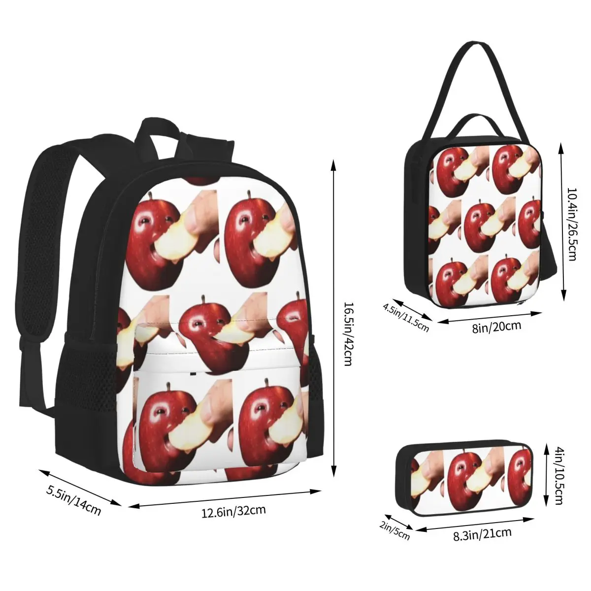 Ai Apple Eating Funny Apple With Face Backpacks Boys Girls Bookbag School Bags Rucksack Lunch Bag Pen Bag Three-Piece Set
