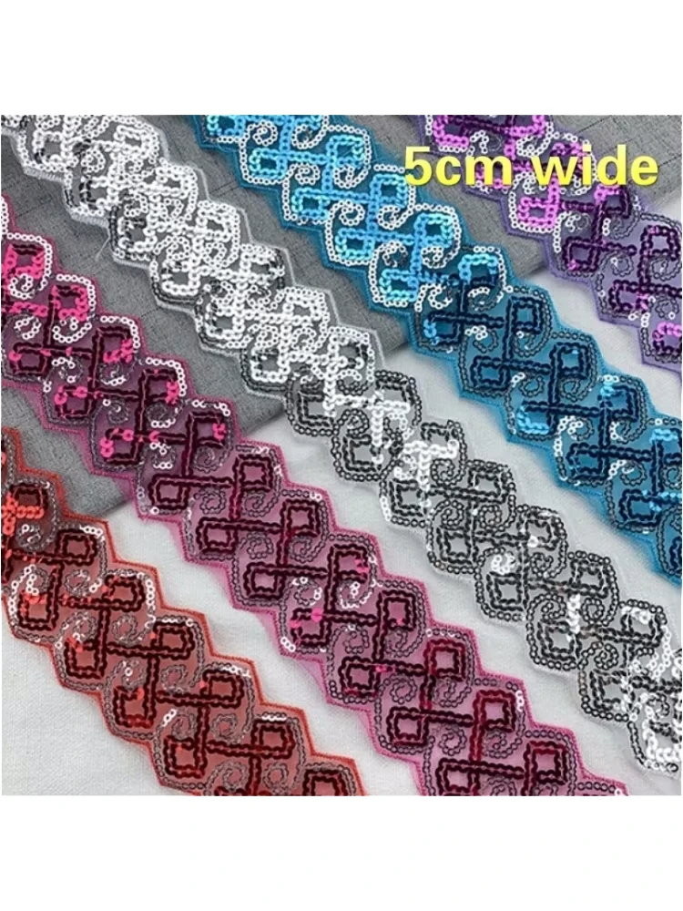 Hot 5cm Wide Flashing Organza Lace Fabric Sequins Beaded Embroidered Ribbon Collar Trim Applique For Diy Wedding Sewing Dentelle